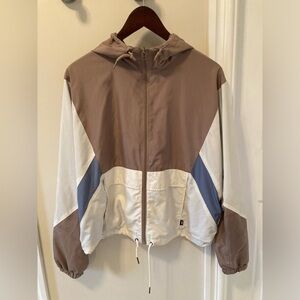 Lightweight Hooded Colorblock Windbreaker Jacket - Taupe/White/Blue - Size Small